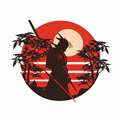 square logo, silhouette of a samurai against a red sun, white background, flat image vector