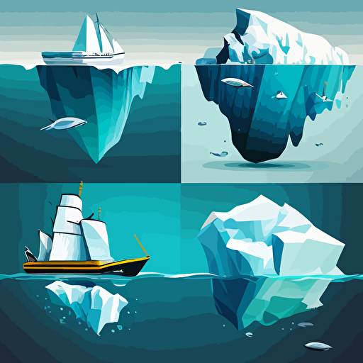 On the left side, four icebergs of different sizes in a row, one sinking ship from hitting an iceberg, another ship with a hexagon logo on it on the right side of the picture, in the ocean, vector image