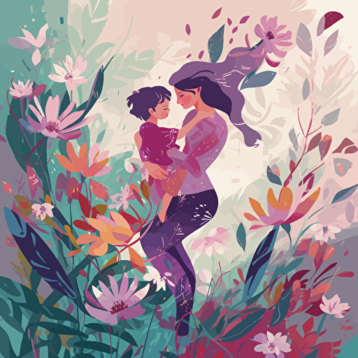 Children’s artwork, a mom lifting her kid, pink and purple flowers, green leaves, low detail, lots of depth, pastel colors, vector