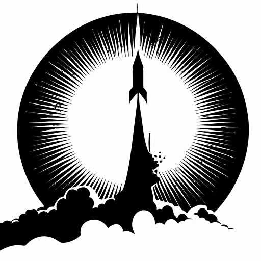 versy simple vector bland and white illustration of rocket, a sun and the rocket is sihlouette