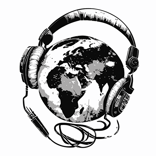 earth with pioneer headphones , music style , black and white vector