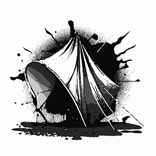 a broken pop-up vendor tent that ripped and one of the tent legs is broken. Black and white vector illustration.