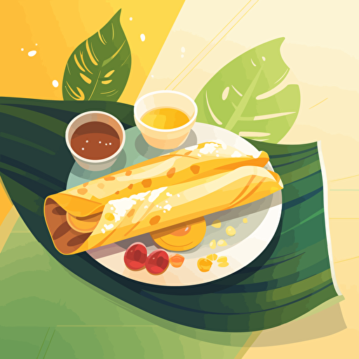 Flat Vector Illustration of a South Indian Dosa and Chutney on Banana Leaf. Mood is Elegant Table setting, Style of Malika Favre. Use only 3 Colours. Strong Light and Shadow. Style of Maite Franchi. Pastel Colours