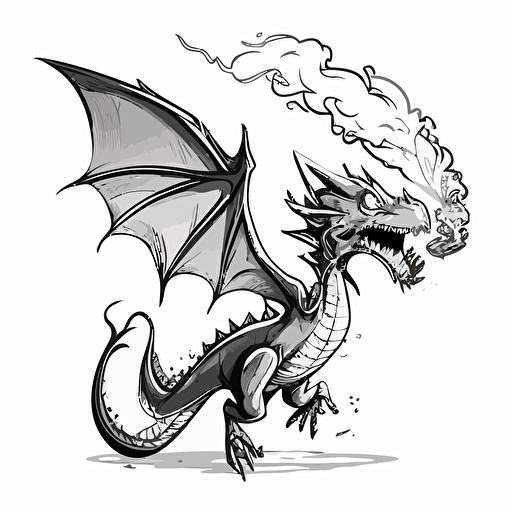 fullbody vector cartoon dragon flying throwing fire from his mouth, a cartoon dragon, black line, simple ilustration for kids, no much detail, on a white background