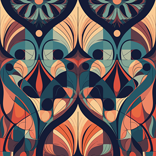Generate a dynamic and intricate vector pattern that seamlessly combines geometric shapes, organic forms, and optical illusions, resulting in a mesmerizing and visually engaging design. Use a harmonious color palette that balances both vivid and muted tones to evoke a sense of depth and contrast. Incorporate elements of symmetry and asymmetry to create a sense of movement and rhythm throughout the pattern.
