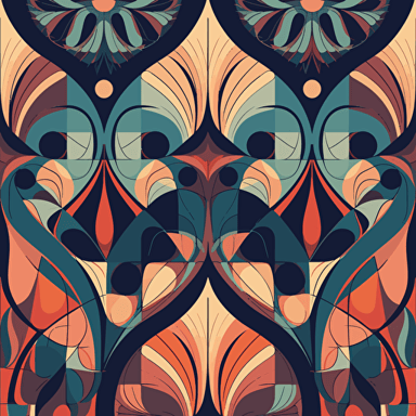 Generate a dynamic and intricate vector pattern that seamlessly combines geometric shapes, organic forms, and optical illusions, resulting in a mesmerizing and visually engaging design. Use a harmonious color palette that balances both vivid and muted tones to evoke a sense of depth and contrast. Incorporate elements of symmetry and asymmetry to create a sense of movement and rhythm throughout the pattern.