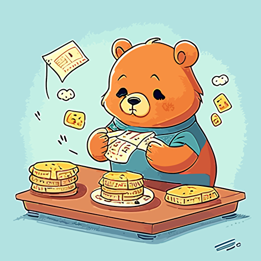 a vector image of a cute bear eating pastries and counting american money