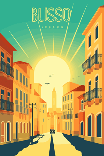 Lisboa , illustration, bright lighting, summer vibrant colors, blue sky, sun in sky, faint wispy clouds, front view, flat,vector