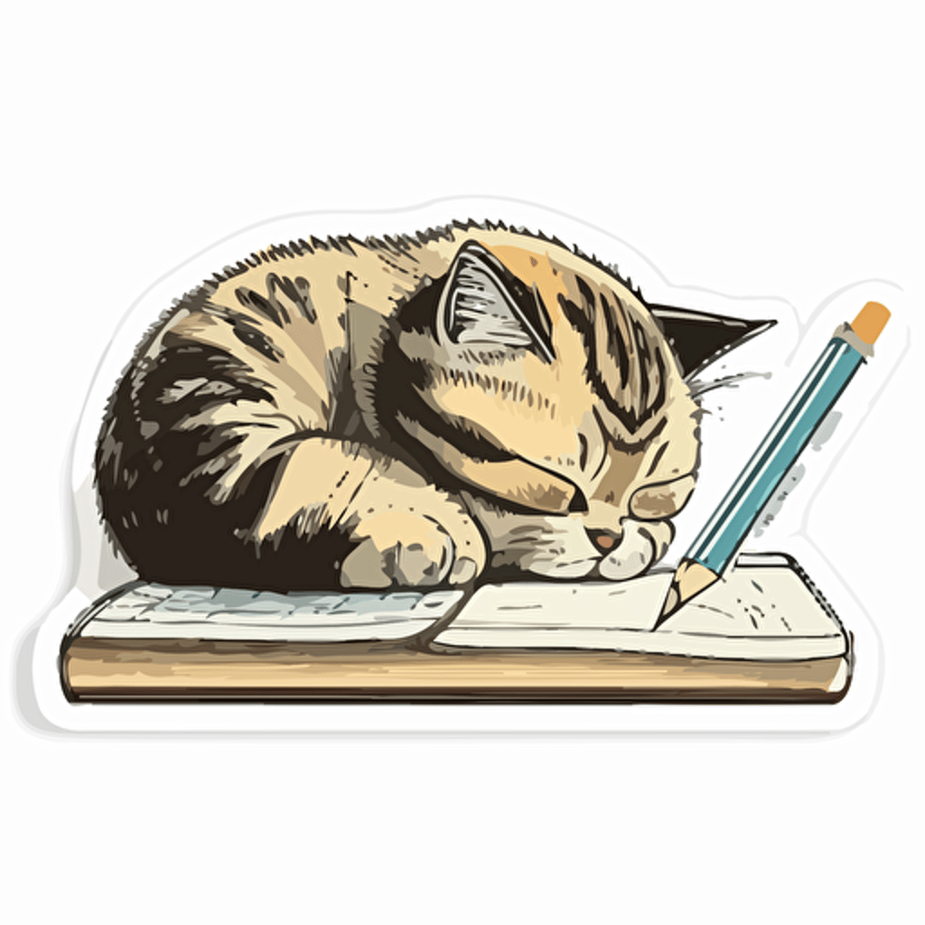 sticker, cute cat studying on a desk, liu yi artist style, vector, contour, white background