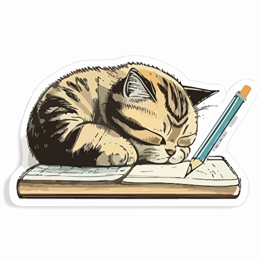 sticker, cute cat studying on a desk, liu yi artist style, vector, contour, white background