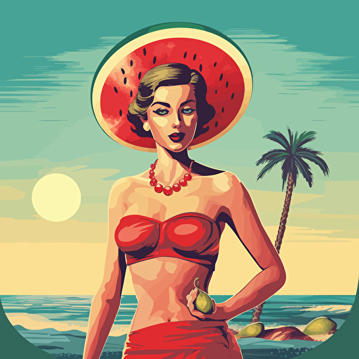 girl on the beach with watermelon, pin-up style, vector style