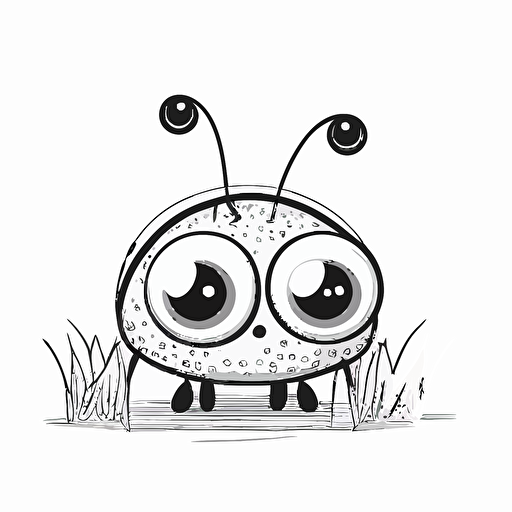 cute ladybird in farm, big cute eyes, pixar style, simple outline and shapes, coloring page black and white comic book flat vector, white background
