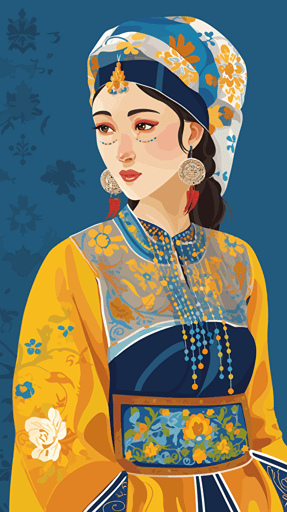Beautiful-eyed Kazakh girl in traditional national clothing, grawing, illustration, flat vector, blue and yellow color