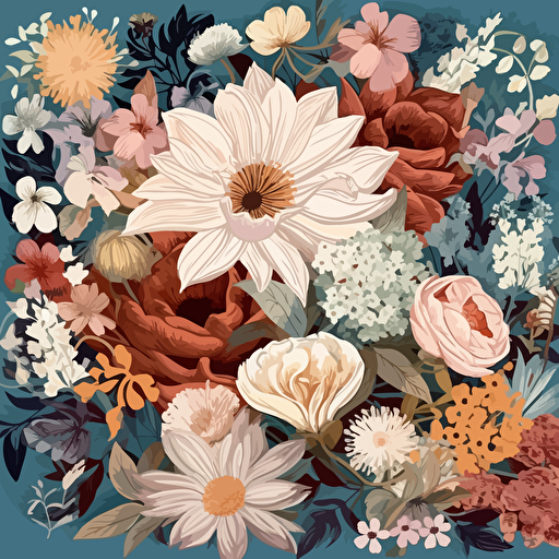 dozens of flowers, surrounded by elegant floral motifs, 2d vector, morandi color palette, epic composition, vector design on the edges of the image
