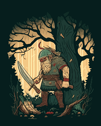 a viking in the forest with motor saw vectorial style