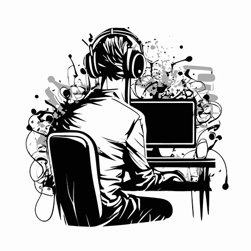 back and white vector, doodle stickman, man sitting at the computer with headphones and art behind him