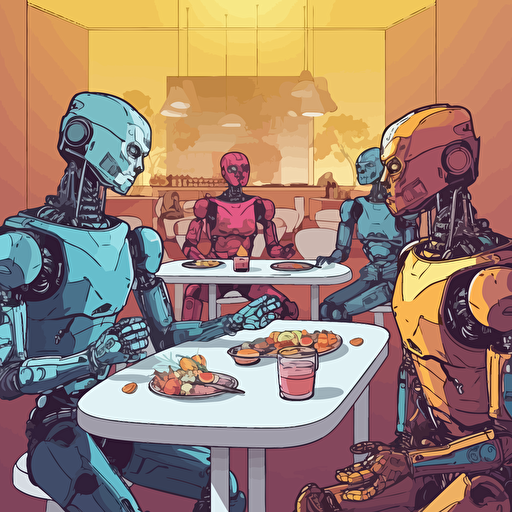 humanoid robot eating canapes while having friendly chat with people friends vector art, vivid colors