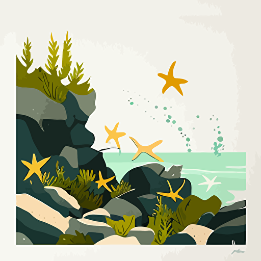 west coast, sea stars on rocks, kelp, minimalist design, fun vibe, vector, 2d, flat
