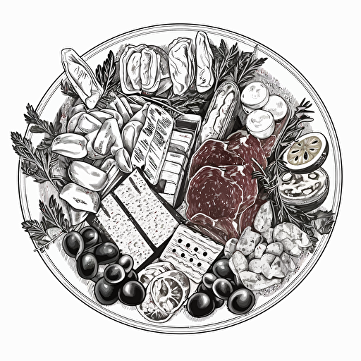 assorted italian antipasto plate, sticker vector, 1 color, transparent background, ultra detailed