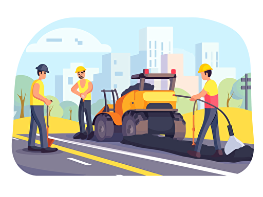 A group of workers is busy laying asphalt road, they use asphalt mix and grader to lay the road. A worker uses a hand-held roller to tamp the asphalt,vector ,2d illustrator,