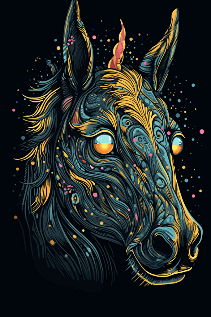 a unicorn with laser eyes, art style of studio ghibli, detail! Detail! Detail!, new school design cartoon, Vector, 100% black background,