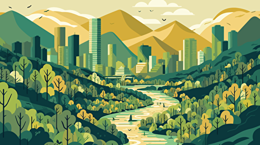 vector art of a city surronded by forests and montains, add a river going through the city, the main colours are green and yellow,
