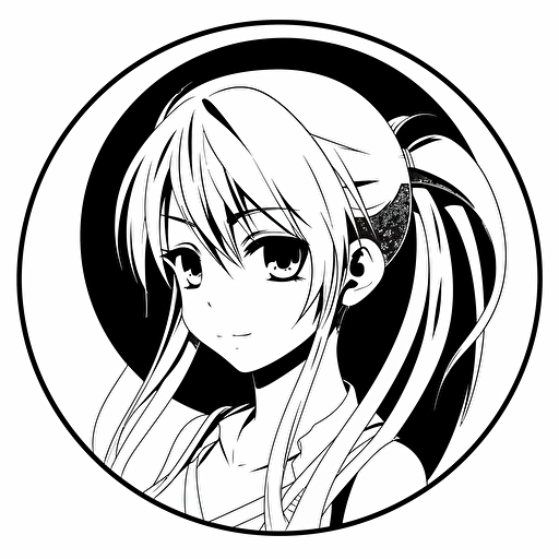 black and white, thick line, very simple abstract 2d vector logo of hatsune miku, circle around