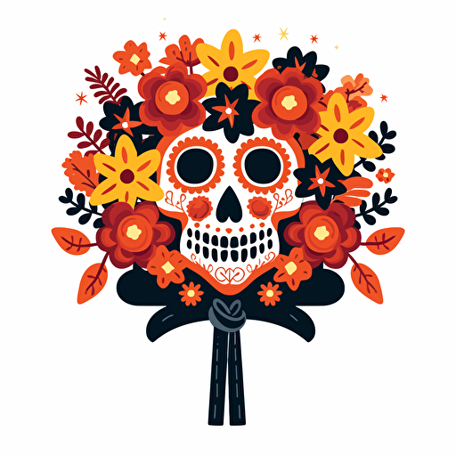 sinister-looking Texas-style flower bouquet in vector art cartoon style, hearts, flat color, white background