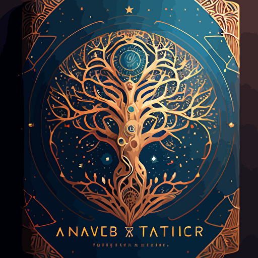 2D vector art Journal cover inspired the universe, zodiac signs, and planetary alignment, and the tree of life
