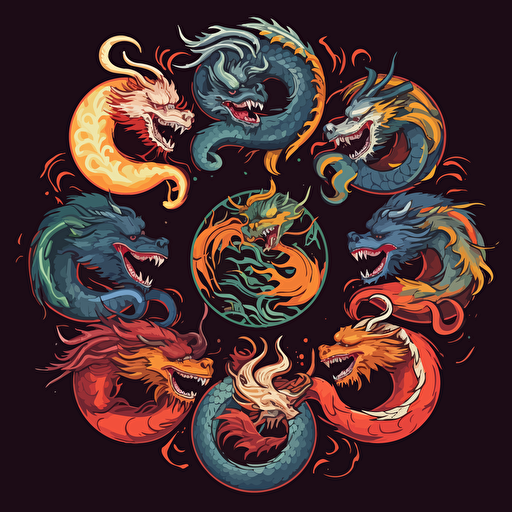 a boho logo of nine Chinese dragons, vector, 2d