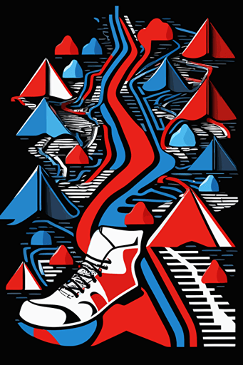 hiking map, simple geometrical shapes, blue, red and white colors, pop art deco illustration, hand vector art, black background,