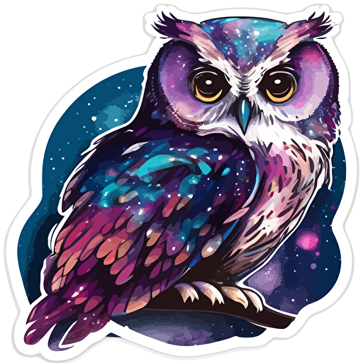 sticker of cute vector painting galaxy owl, purple and blue colors,white background disney-inspired