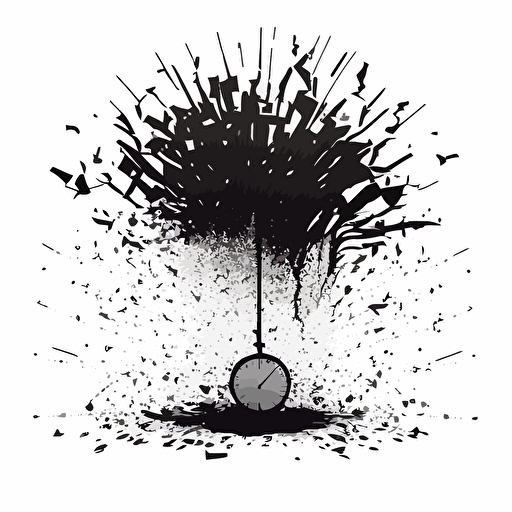 sketch of sand clock exploding in thousand of pieces, simplistic, black and white, flat, vector