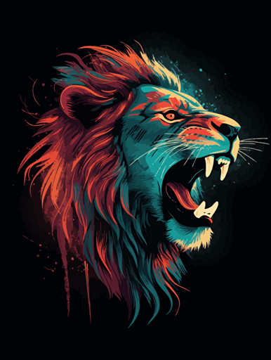 vector art of a lion roaring, red, white and turquoise lighting, 300 dpi,