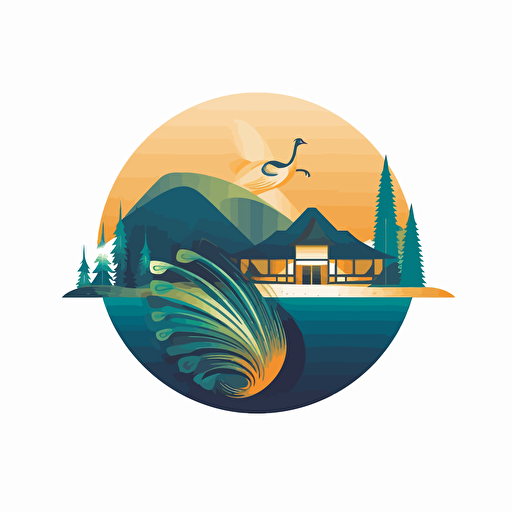 Beautiful abstract vector simple logo, low detail, luxury cabanas, cabanas are close to the top of a hill, the hill is next to a lake, there is a peacock in the roof of the cabana