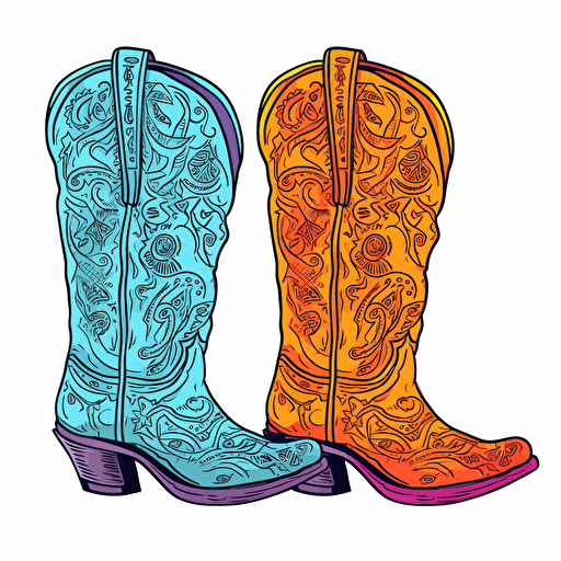 adorable brightly colored pair of cowboy boots on a white background + doodle style + white background + simple vector + bright colors