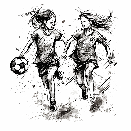 Vector illustration, black ink of two beautiful happy 9 years old girls playing soccer with white background