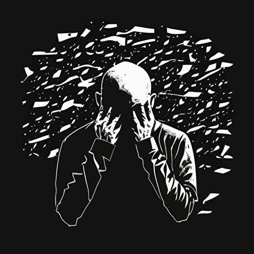 vector image, black and white, minimalist, grunge, bald person with hands covering his face from multiple directions, lots of hands