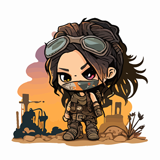 cute post apocalyptic girl, mad max, full wasteland background, chibi style, vector art, sticker