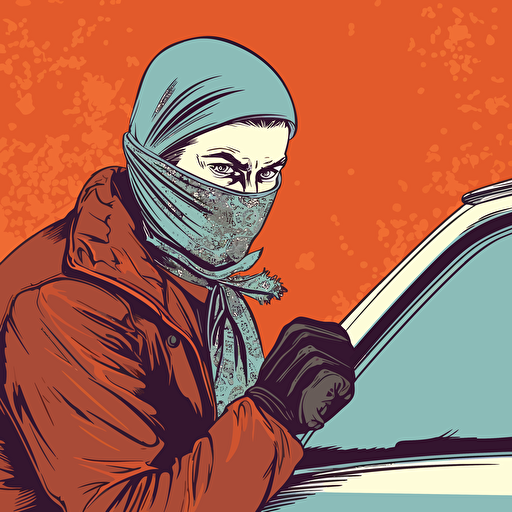 street level gangster, scarf covering his mouth, breaking into a car with a crowbar, vector art