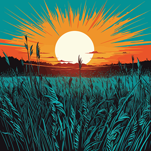 rural field of tall grass, blue sky, sun on the horizon, sunset, vectoral art, 60s pop art,