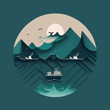 Shape: wave, mountain, container ship silhouette, circle Color: deep teal, light sky blue, brown Font: sans Symbols Layout: negative space, simplicity Texture: container ship silhouette Overall style: simplicity, minimalism, 2-color, crashing waves logo vector outline, curves, circle shapes, modern feel