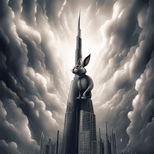 bugs bunny on top of burj khalifa, dark clouds, vector art