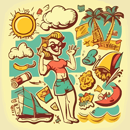 crazy funny beach activities:sticker,illustration ,vector ,cartoon style