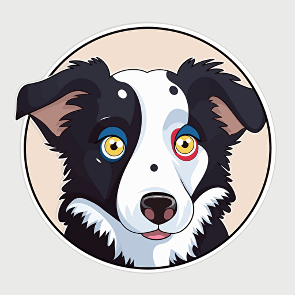a super cute very happy border collie, sticker, vector, big eyes, Heterochromia
