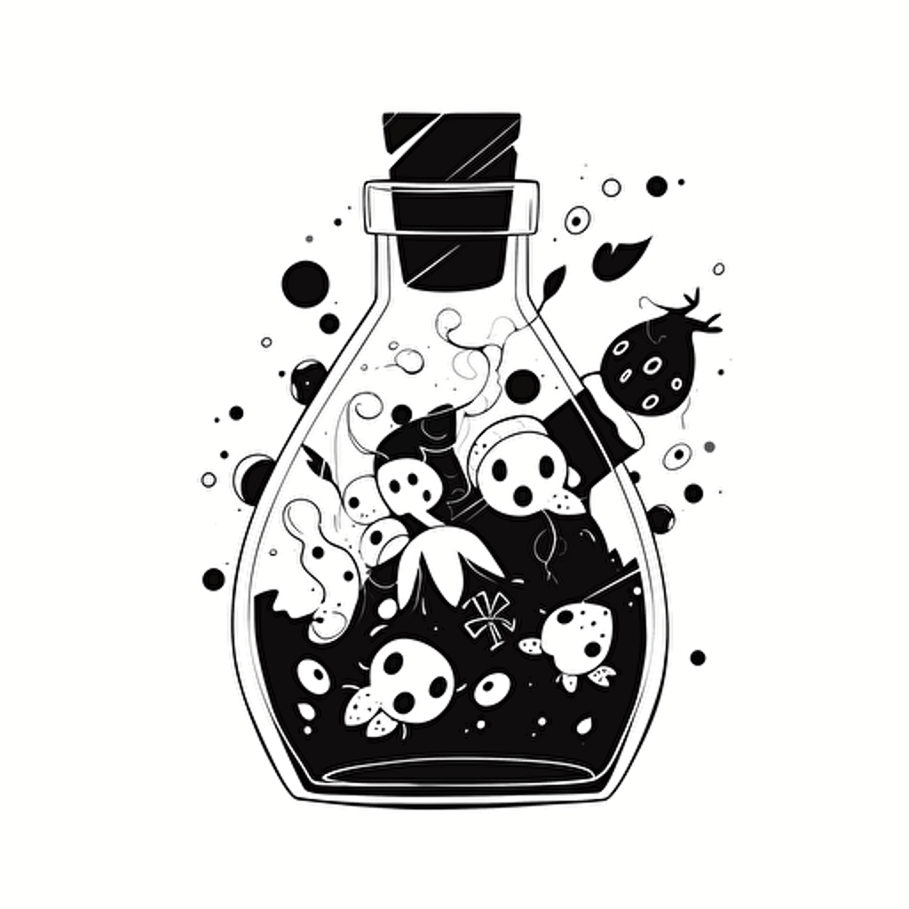 a logo design of a chaotic bottle of ink where the ink is turning into random creatures, black and white, minimialist, fun, logo, design, vector design