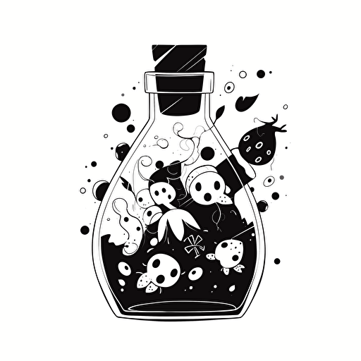 a logo design of a chaotic bottle of ink where the ink is turning into random creatures, black and white, minimialist, fun, logo, design, vector design
