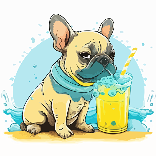 a cute cartoon french bulldog sitting at the beach wearing sunglasses and drinking lemonade, disney, 2d, vector art, transparent background