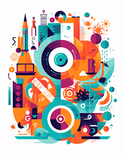 flat modern vector image of learning english, complemenatry colours, bright orange and purple and teal, high resolution, white background, rounded edges, detailed