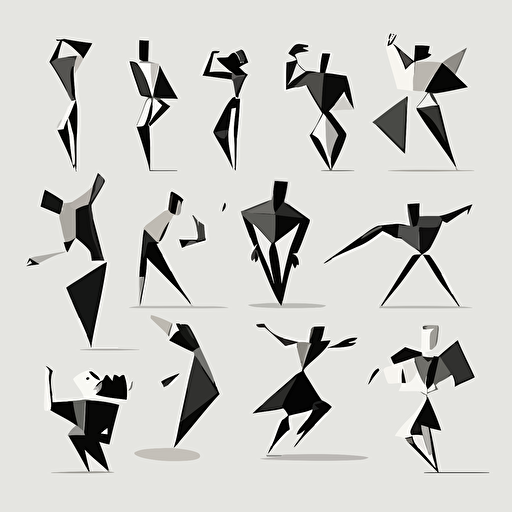 simple and expressive cartoon figure poses, flat, geometric, vector, black and white